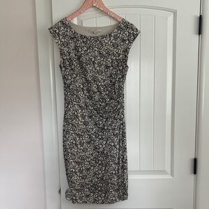 Loft Black and Cream Floral Midi Dress